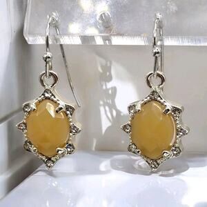 Light Beige Tan Earrings Small Oval Shaped Pierced Clear Rhinestones Silver Tone